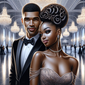 A light skin African American couple at a fancy ballroom event....