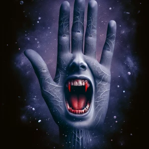 she is a screaming mouth on the palm. Evil , crimson vampire tee...