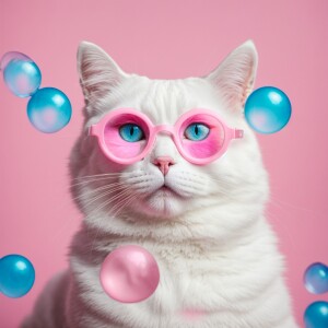 Illustrate a female white cat with striking blue eyes, flutterin...