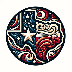 Design a circular logo featuring the outline of Texas filled wit...