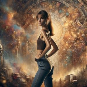 Athletic Thin skinny Attractive, Asian teenage girl, long brown hair and bangs, wearing tight skinny jeans and a halter top paint marks on her clothing, heroic pose Asian graffiti background, backside view