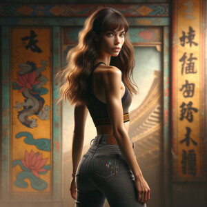 Athletic Thin skinny Attractive, Asian teenage girl, long brown hair and bangs, wearing tight skinny jeans and a halter top paint marks on her clothing, heroic pose Asian graffiti background, backside view