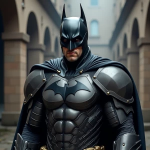 Batman in armor that resembles fantasy scale mail