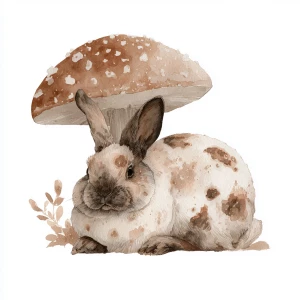 Adorable bunny resting, oversized spotted mushroom, delicate wat...