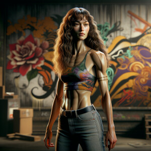 Athletic Thin skinny Attractive, Asian teenage girl, long brown hair and bangs, wearing tight skinny jeans and a halter top paint marks on her clothing, heroic pose Asian graffiti background, backside view