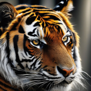 /imagine prompt:A ultra-hyper-photorealistic depiction of a tiger, captured in a contemplative moment. The intensity of its gaze is magnified against the dark backdrop, with the natural hues of its fur strikingly vivid. The lighting softly illuminates the face, highlighting the tiger's thoughtful expression and the intricate patterns of its fur. Created Using: advanced digital imaging for lifelike detail, rich color dynamics, glibatree prompt, focused illumination to capture the mood, depth of field to emphasize the gaze, realistic portrayal of fur texture and color nuances --ar 1:1