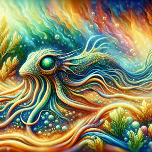 sea creature, long tentacles, sad eyes, green-blue eyes, seaweed...