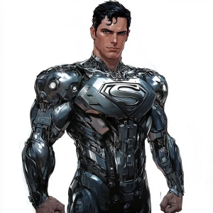 Superman donned in a sleek, reflective liquid metal armor that m...