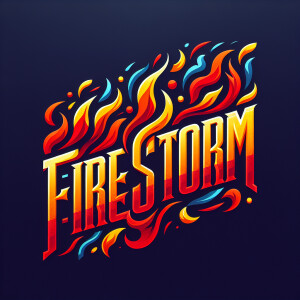 Design a logo featuring the word "Firestorm" with dynamic, flame...