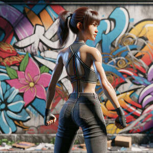 Athletic Thin skinny Attractive, Asian teenage girl, long brown hair and bangs, wearing tight skinny jeans and a halter top paint marks on her clothing, heroic pose Asian graffiti background, backside view