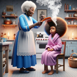 Create a realistic 3-D image of an african-American grandmother wearing a blue house dress and a white apron . She is in the kitchen with her african-American granddaughter. Her granddaughter is wearing a pink bath robe. The grandmother has a hot comb in her hand and she is straightening her granddaughters hair. One side of her granddaughters hair is in  a Afro the other straight 
There is smoke coming from the hot comb
The granddaughter is making a face