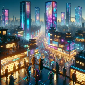 A bustling rooftop market filled with merchants selling glowing tech gadgets and synthetic fabrics. The shoppers wear futuristic clothing with built-in light strips, and the skyline beyond shows towering skyscrapers covered in animated neon murals.