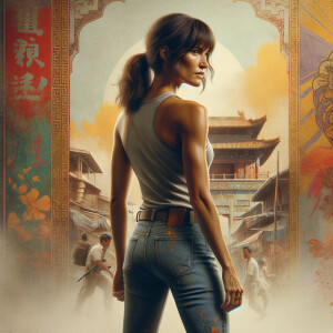 Athletic Thin skinny Attractive, Asian teenage girl, long brown hair and bangs, wearing tight skinny jeans and a halter top paint marks on her clothing, heroic pose Asian graffiti background, backside view