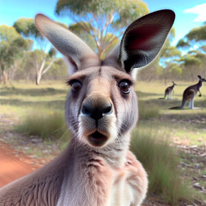 Create an image of a kangaroo missing its left ear and in shock