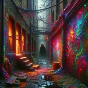 Twisted, nightmarish graffiti covering a decaying urban alleyway, dripping and pulsating with unnatural colors; a shadowy figure with glowing red eyes lurks in the background, ultra-detailed, ultra-realistic, masterpiece, HDR, 8K resolution.