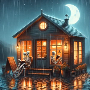 Depict a cozy, rain-drenched evening in front of a rustic wooden...
