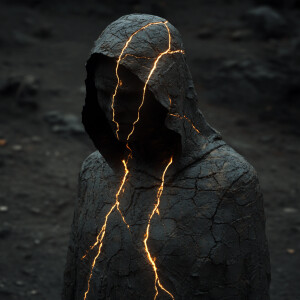 This image depicts a dark, mysterious figure standing in a shado...