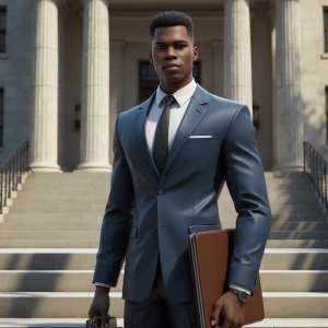 A young, confident Black individual stands before a courthouse, professionally dressed in formal attire with a portfolio or briefcase in hand, embodying empowerment and the pursuit of justice.