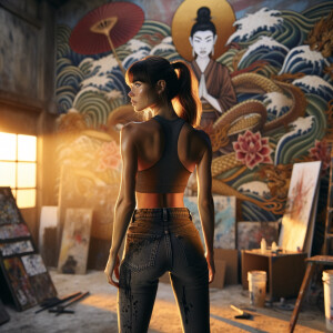 Athletic Thin skinny Attractive, Asian teenage girl, long brown hair and bangs, wearing tight skinny jeans and a halter top paint marks on her clothing, heroic pose Asian graffiti background, backside view