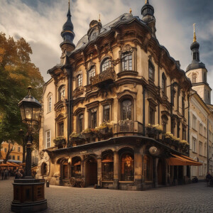 The old town square of Tallinn, Estonia in a steampunk world.