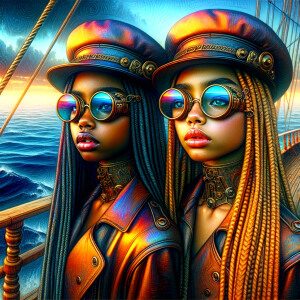 two young African American girls tan skin tone oil painting stea...