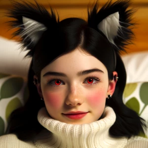 a white skinned girl with black hair and black fox ears and red...
