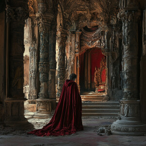 In the dimly lit ruins of a plush chiaroscuro lost civilization,...