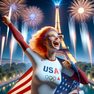 Photorealistic image. Strawberry blonde woman from USA cheering...