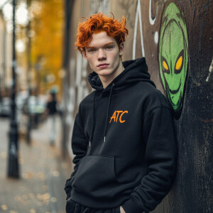 Create an image of a 22-year-old man with red hair and yellow ey...