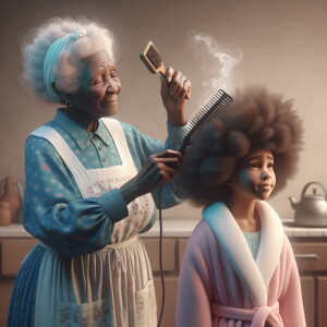 Create a realistic 3-D image of an african-American grandmother wearing a blue house dress and a white apron . She is in the kitchen with her african-American granddaughter. Her granddaughter is wearing a pink bath robe. The grandmother has a hot comb in her hand and she is straightening her granddaughters hair. One side of her granddaughters hair is in  a Afro the other straight 
There is smoke coming from the hot comb
The granddaughter is making a face as if to say grandma that hurt