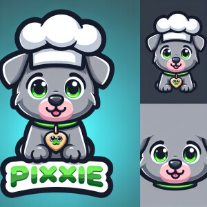 A gray puppy with green eyes with a chef hat on its head wearing...