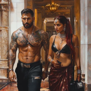 Hyperrealistic painting, a muscular, tattooed man and a 54-year-...