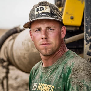 Brian Nobles a real 28 year old Caucasian male who is using  a concrete mixer, he is a  pump operator holding the hose which carries the liquid concrete to the foundation pour, Brian is slowly  beginning his transition into adult maturity , Brian Nobles is beginning to look like a grown man, he has large reflective blue eyes and a wrinkled brow,Brian is now balding , prominent large protruding round fat obese belly,,thick goatee beard, healthy muscle mass ,very noticeable male pattern balding hairline, Brian Nobles now has a  prominent receding and thinning male hairline (onset male pattern baldness), slightly fat overweight(Caucasian)wearing tight body conforming  glossy satin shiny green and gold tight fitting body conforming UnderArmour athletic bodysuit,emblazoned with the "KD HOMES" real estate logo, standing confidently in front of a newly completed constructed new KD HOME in Victorville California in a raw desert landscape. Brian has a protruding fat obese muscular physique, large male bulge, fat obese muscular frame , shows a substantial frame with a noticeable mature hairline and expressive eyes. His workman’s  pose should reflect his experience in his trade.