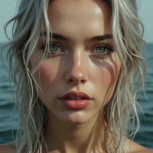 a striking close-up portrait of a caucasian woman, with wet silv...