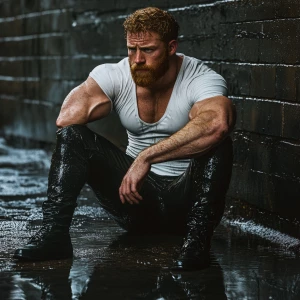A bodybuilder man ginger beard sits in a puddle of water, his bo...