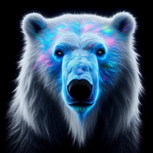 Neon white polar bear with galaxycolor eyes, facing the camera,s...