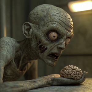 A zombie looking for his brain,  egxrated confused look on zombi...