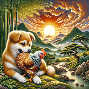 Dog holds hen
