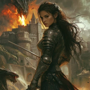 Create an image with a castle, and a dragon breathing fire in the background. Include a female knight in the forefront with her long dark hair flowing behind her back, and holding a sword. The knight should be shown in a heroic pose, and with her face as if it was looking at the camera.