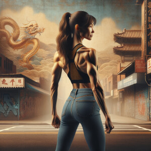 Athletic Thin skinny Attractive, Asian teenage girl, long brown hair and bangs, wearing tight skinny jeans and a halter top paint marks on her clothing, heroic pose Asian graffiti background, backside view