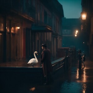 dreamy swan under moonlight and a couple standing watching them