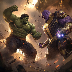 Create an image of Hulk engaged in a fierce battle with Thanos,...