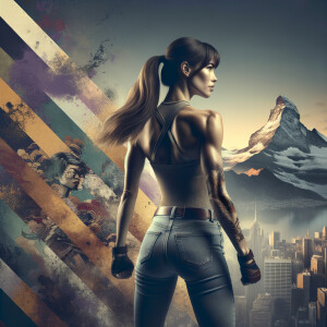 Athletic Thin skinny Attractive, Asian teenage girl, long brown hair and bangs, wearing tight skinny jeans and a halter top paint marks on her clothing, heroic pose Asian graffiti background, backside view