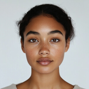 Portrait of a young woman, age 21, with a blend of Mexican and A...