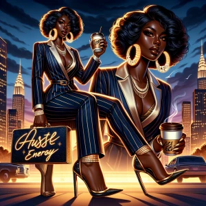 An assertive African American woman in a tailored, shimmering pi...