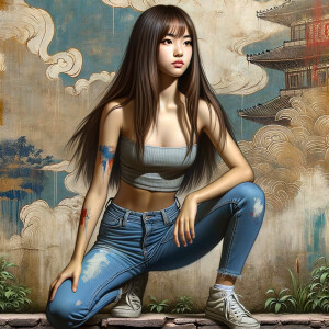 teenage girl, long brown hair and bangs, wearing tight skinny jeans and a halter top paint marks on her clothing, heroic pose Asian graffiti background, nearing on one knee