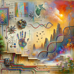 circuitry, diagrams Cellular structures, DNA, circuit boards, colorful wires,  asian and Egyptian  graffiti, lie detector graphs, cardio, printout , branches infinity sign, cave, Art, handprints, distant birds flying, flowering vines, abstract gestural painting, dna