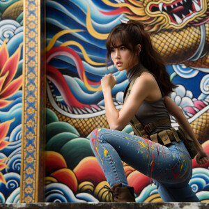 teenage girl, long brown hair and bangs, wearing tight skinny jeans and a halter top paint marks on her clothing, heroic pose Asian graffiti background, nearing on one knee