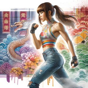 Athletic Thin skinny Attractive, Asian teenage girl, long brown hair and bangs, wearing tight skinny jeans and a halter top paint marks on her clothing, heroic pose Asian graffiti background, side view