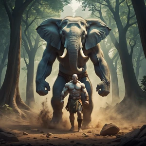 An elephant amidst a mystical energy surge in an ancient forest...